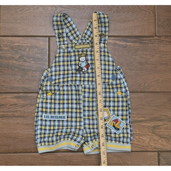 *Vintage Baby Boy Overalls 6-9M Blue Yellow Plaid Lil Builder Construction Theme - Picture 4 of 9